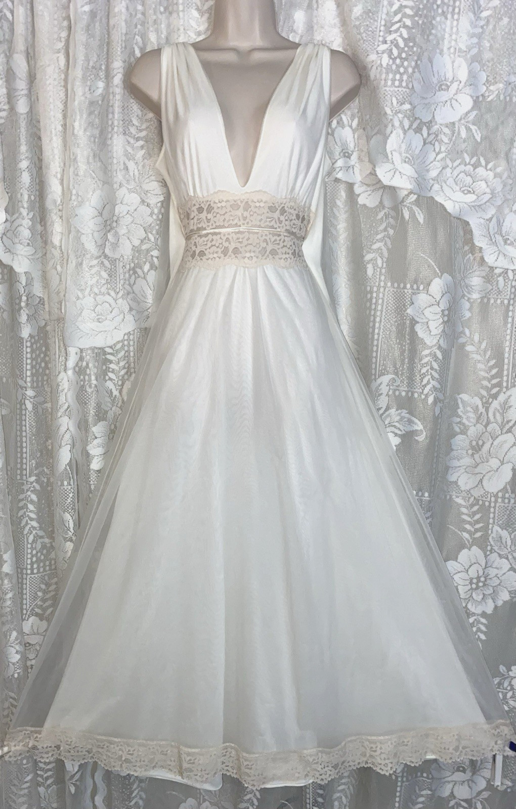 VTG M L INTIME Bridal Ivory Db Sheer Chiffon Peignoir Robe Nightgown Gown Set