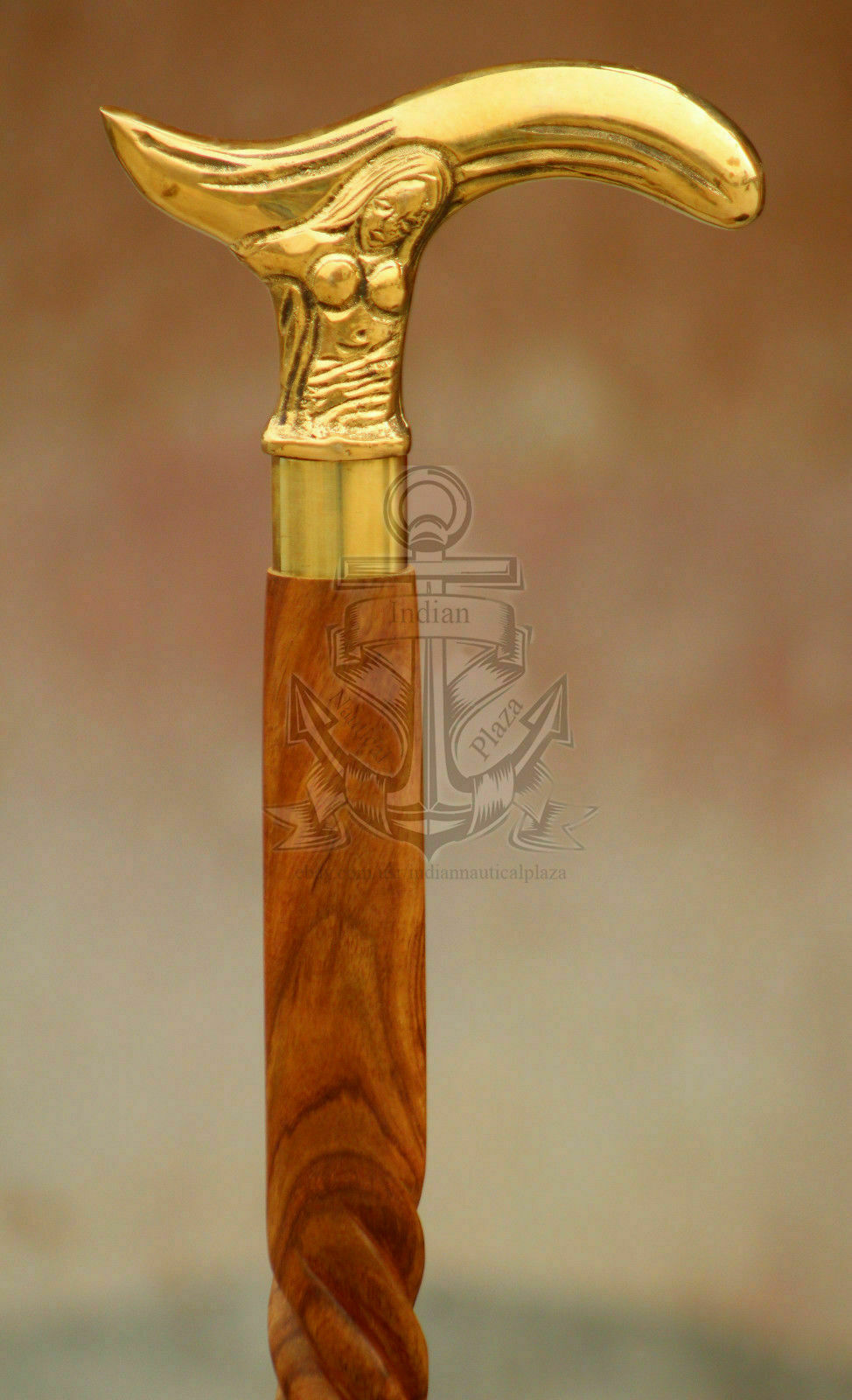 NAUTICAL WOMEN ON BRASS VICTORIAN SOLID HANDLE WOODEN WALKING CANE VINTAGE STICK