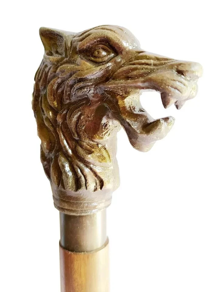 Antique Fox Head Copper Finish Handle Wooden Cane, Walking Stick Replica