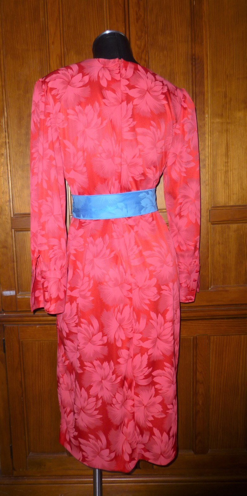 VTG 70s 80s RED Blue Belt Jersey Floral Secretary Cocktail Party midi DRESS L XL