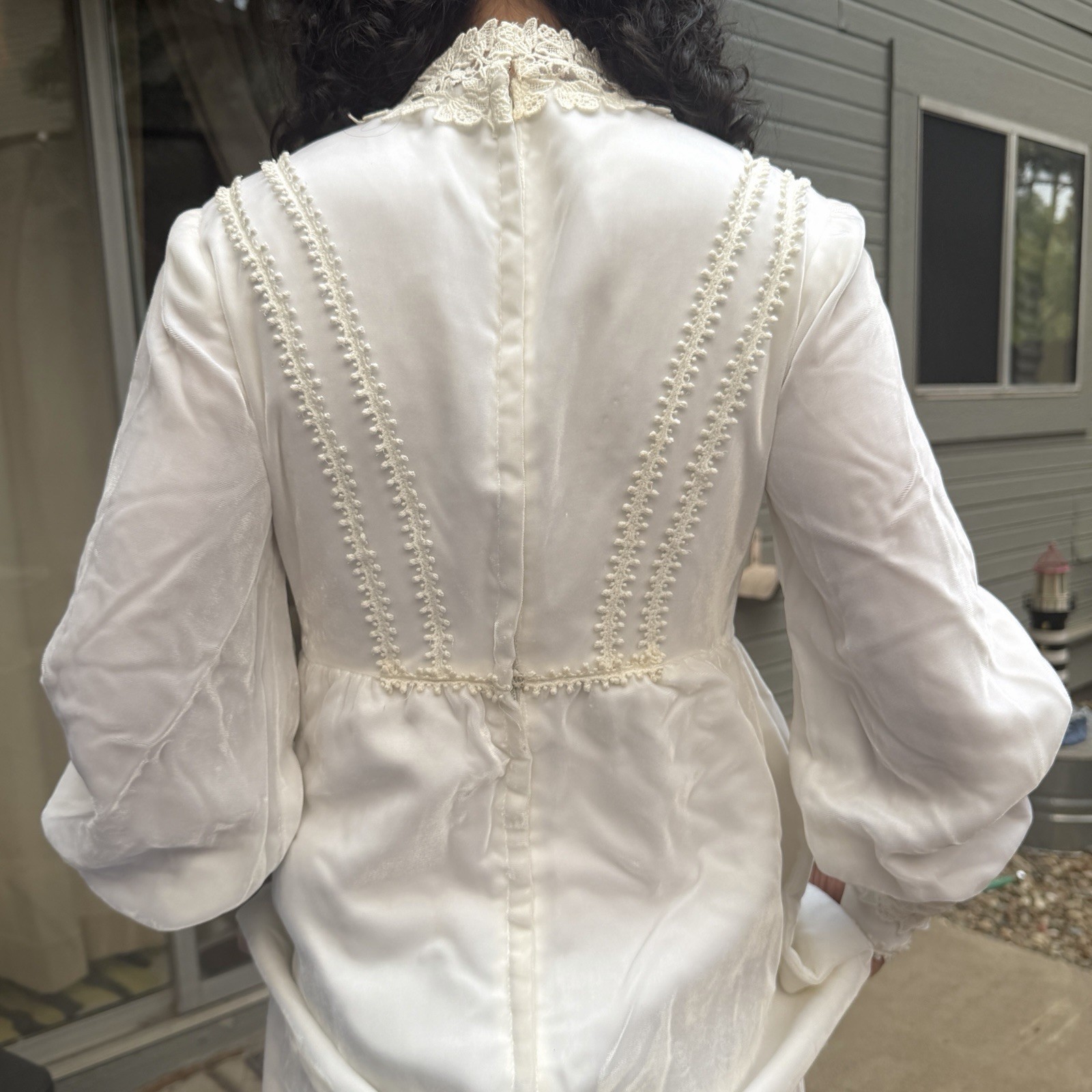 1970s Vintage Velvet Wedding Dress, Bishop Sleeve cuff And Bust Detail XS-Ivory