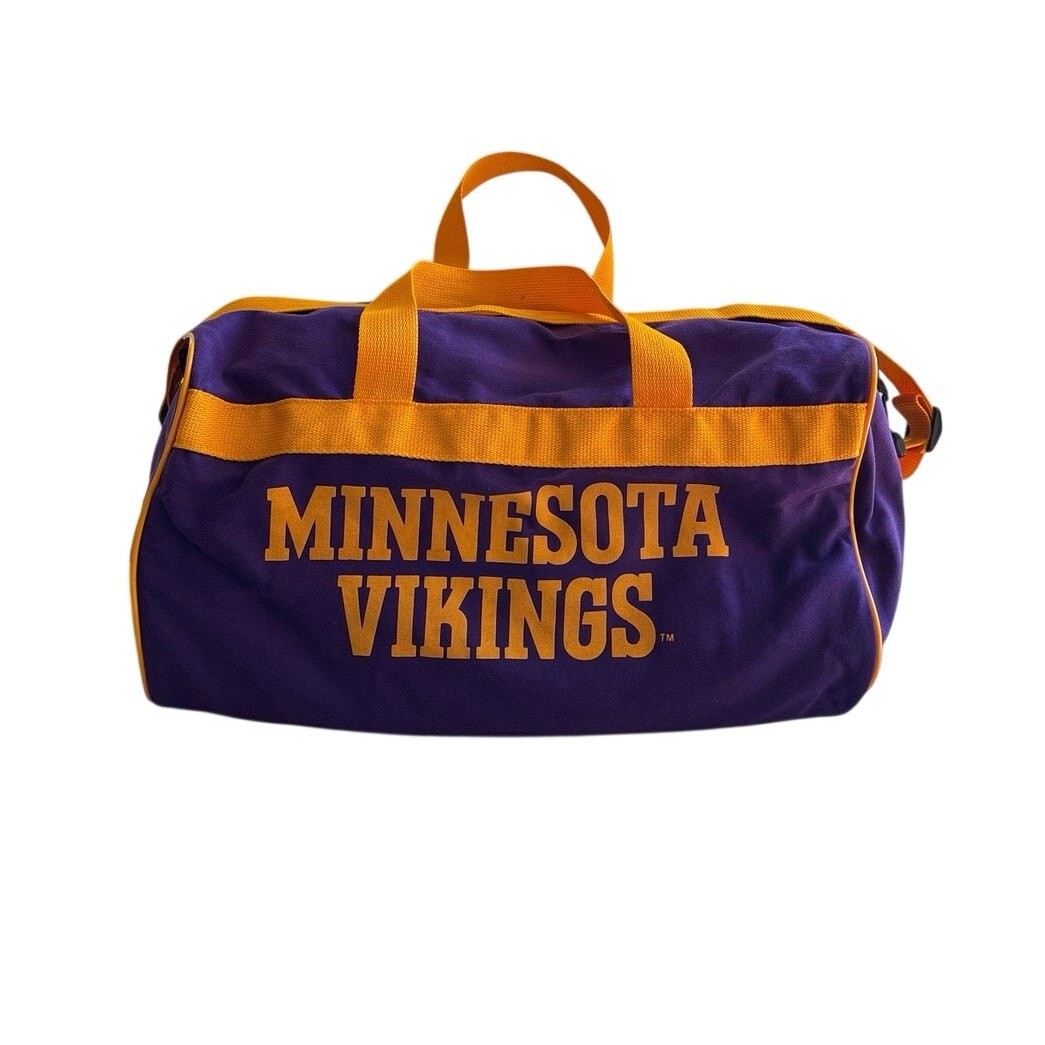 Vintage 1990s Minnesota Vikings Duffel Bag Purple Yellow USA Made NASCO Strap