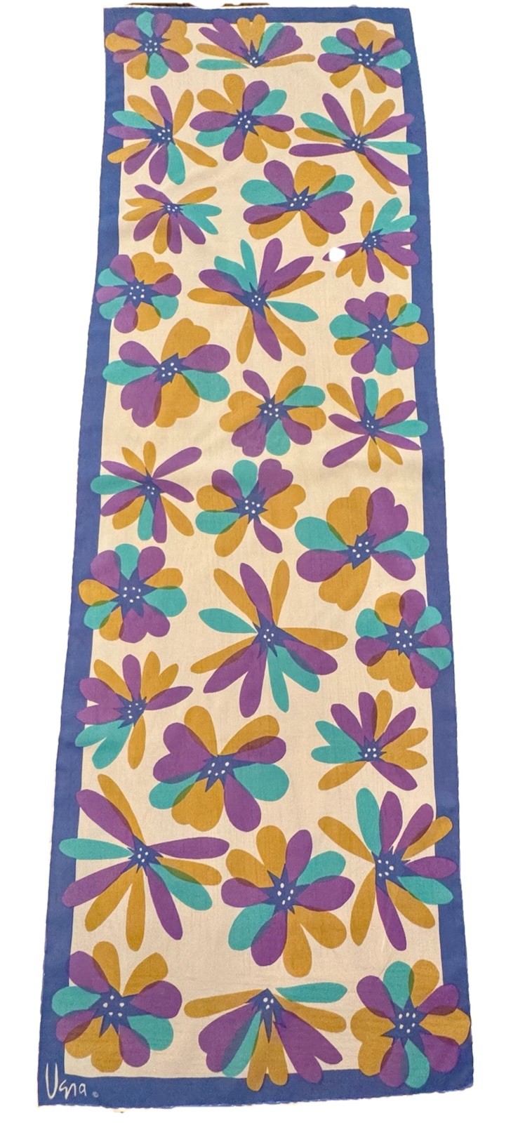 VTG VERA COPYRIGHT Mod Floral Purple Blue Gold&Turquoise Rectangle Scarf Chiffon