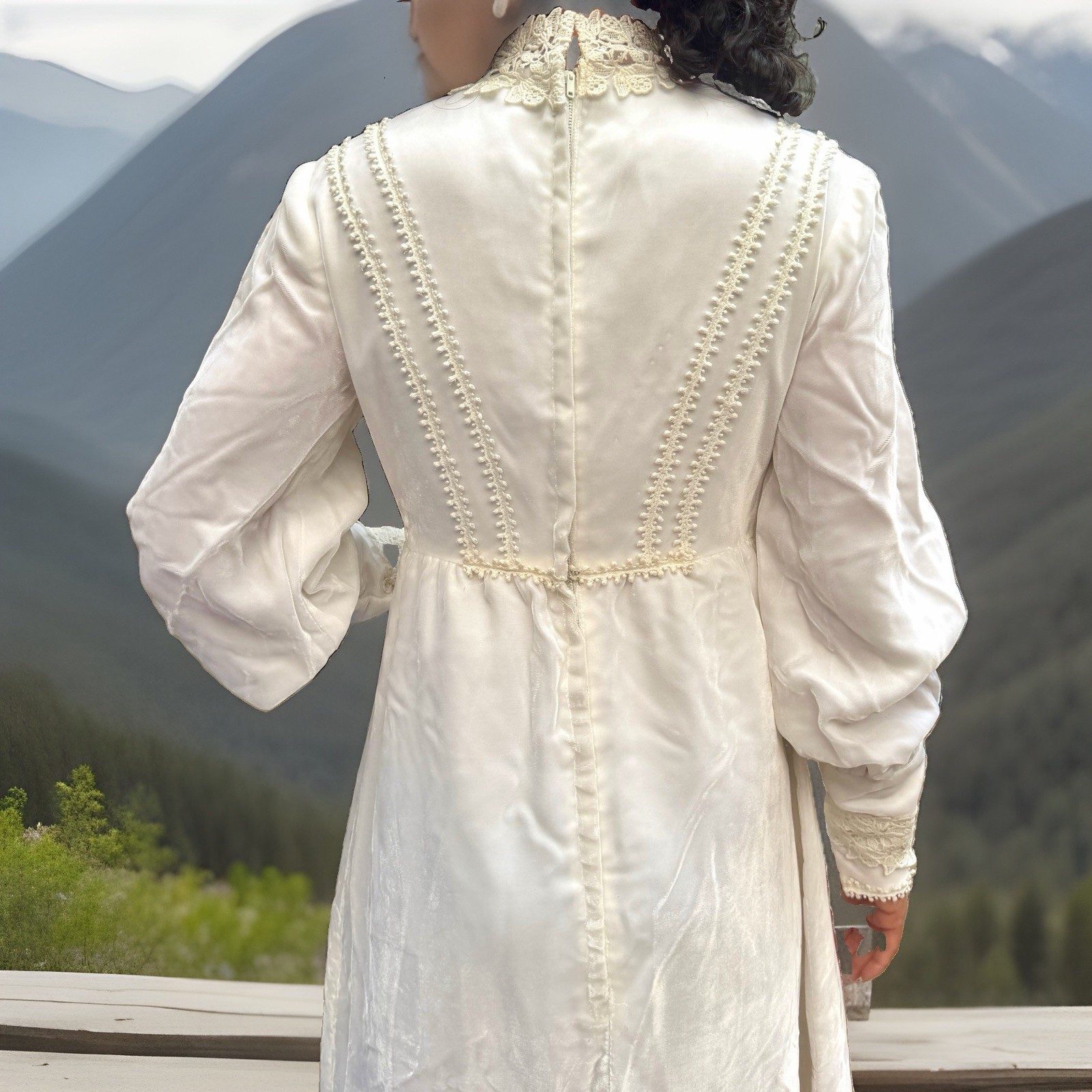 1970s Vintage Velvet Wedding Dress, Bishop Sleeve cuff And Bust Detail XS-Ivory