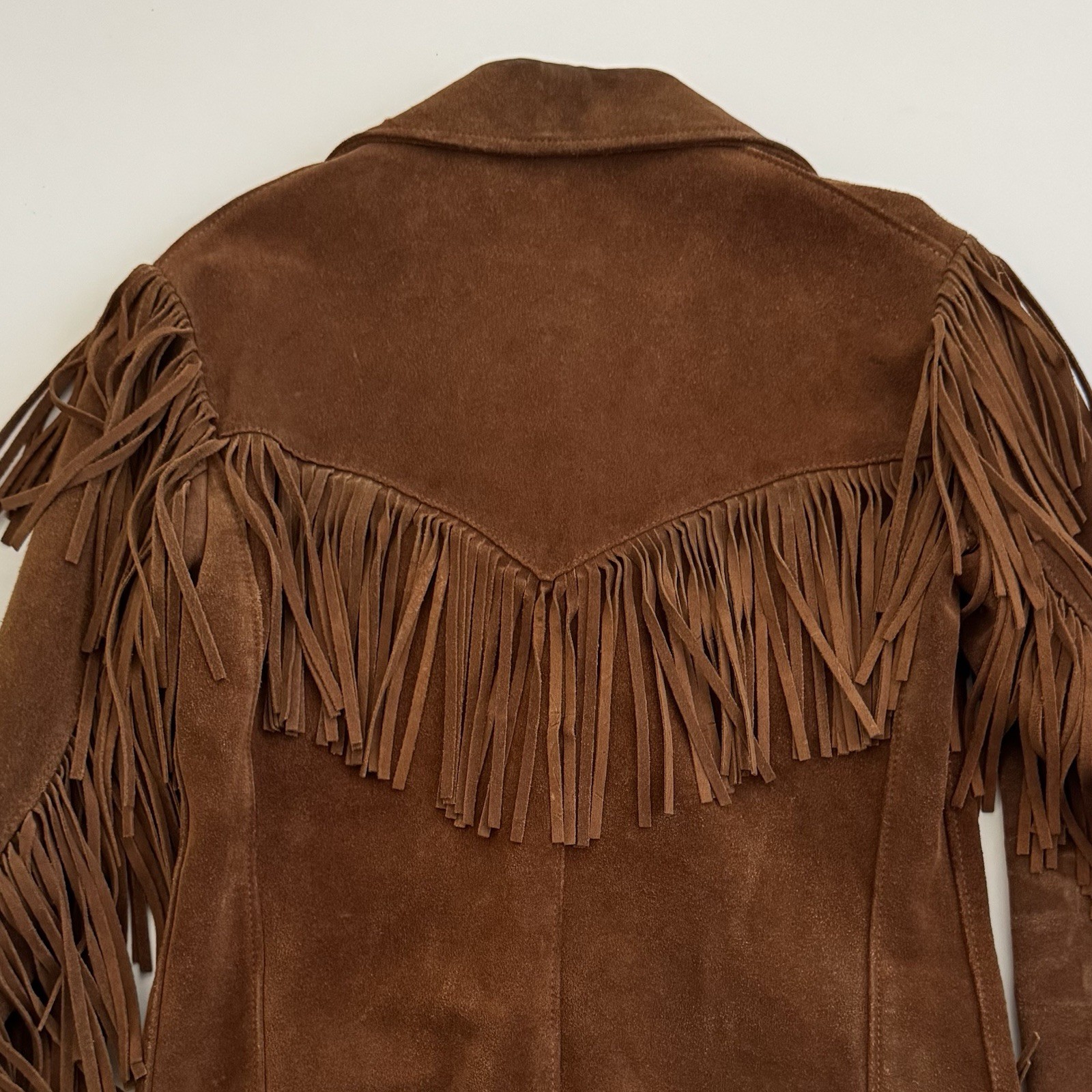 VTG 70s Jo-Kay Suede Leather Jacket Brown Western Fringe – Women’s S? 23x 17.5