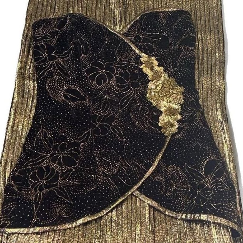 1980sBlack/GoldVelvet Plisse Strapless Beaded A.J. BariVintageluxury oldmoneyGow