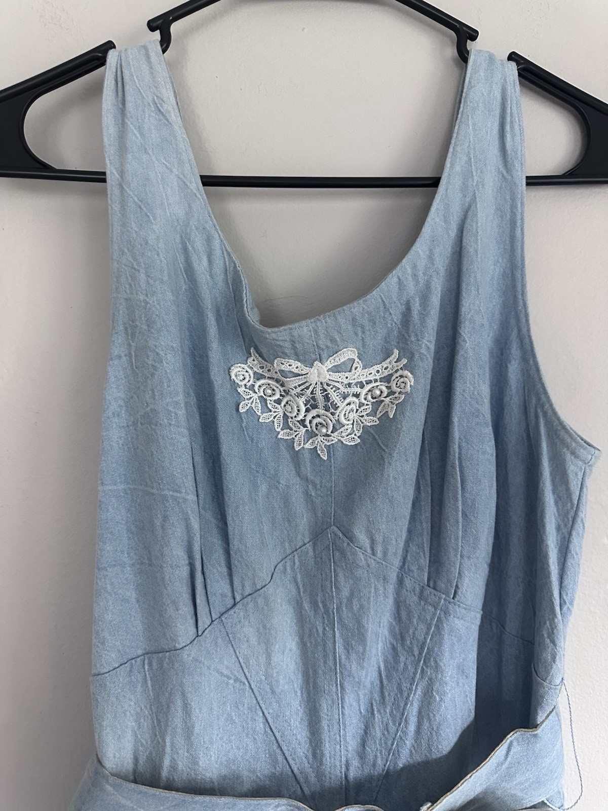 VTG 80s Embroidered Peplum Denim Dress SMALL Western Blue Ruffle Rodeo (Tag 10)