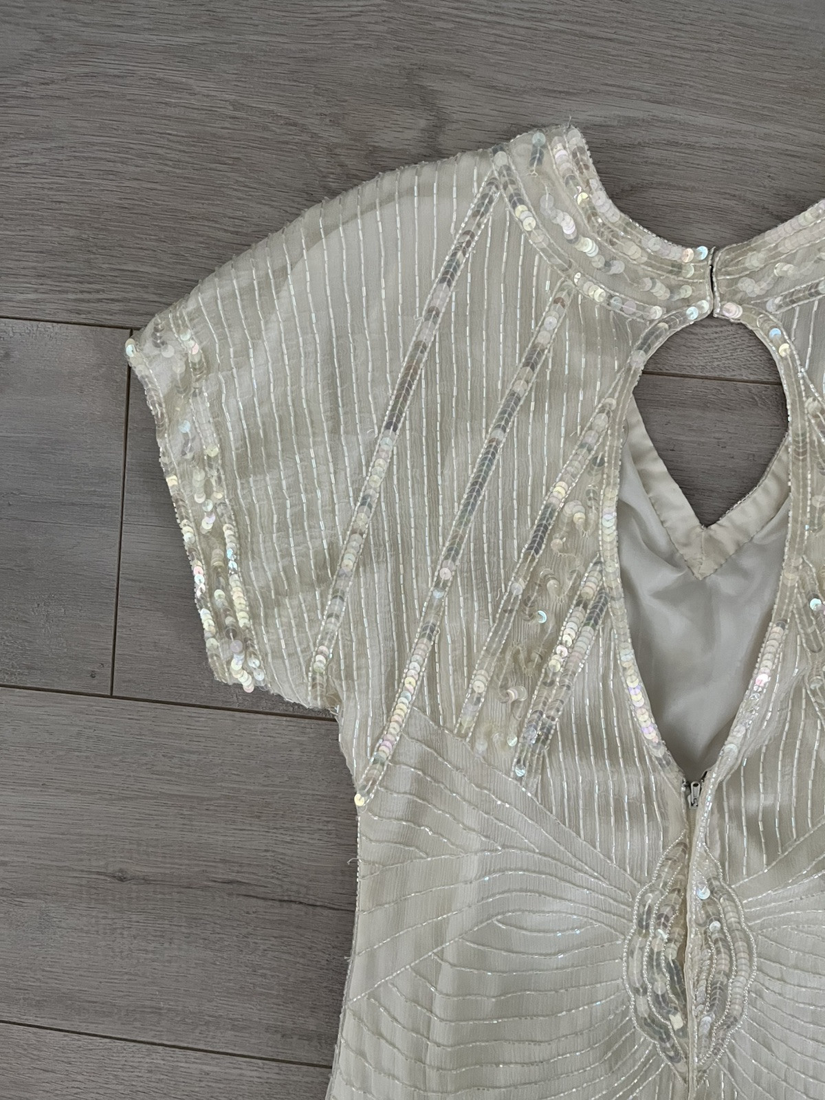 Womens Vintage Silk NEIMAN MARCUS Ivory Art Deco Cocktail Party Sequin Dress, S