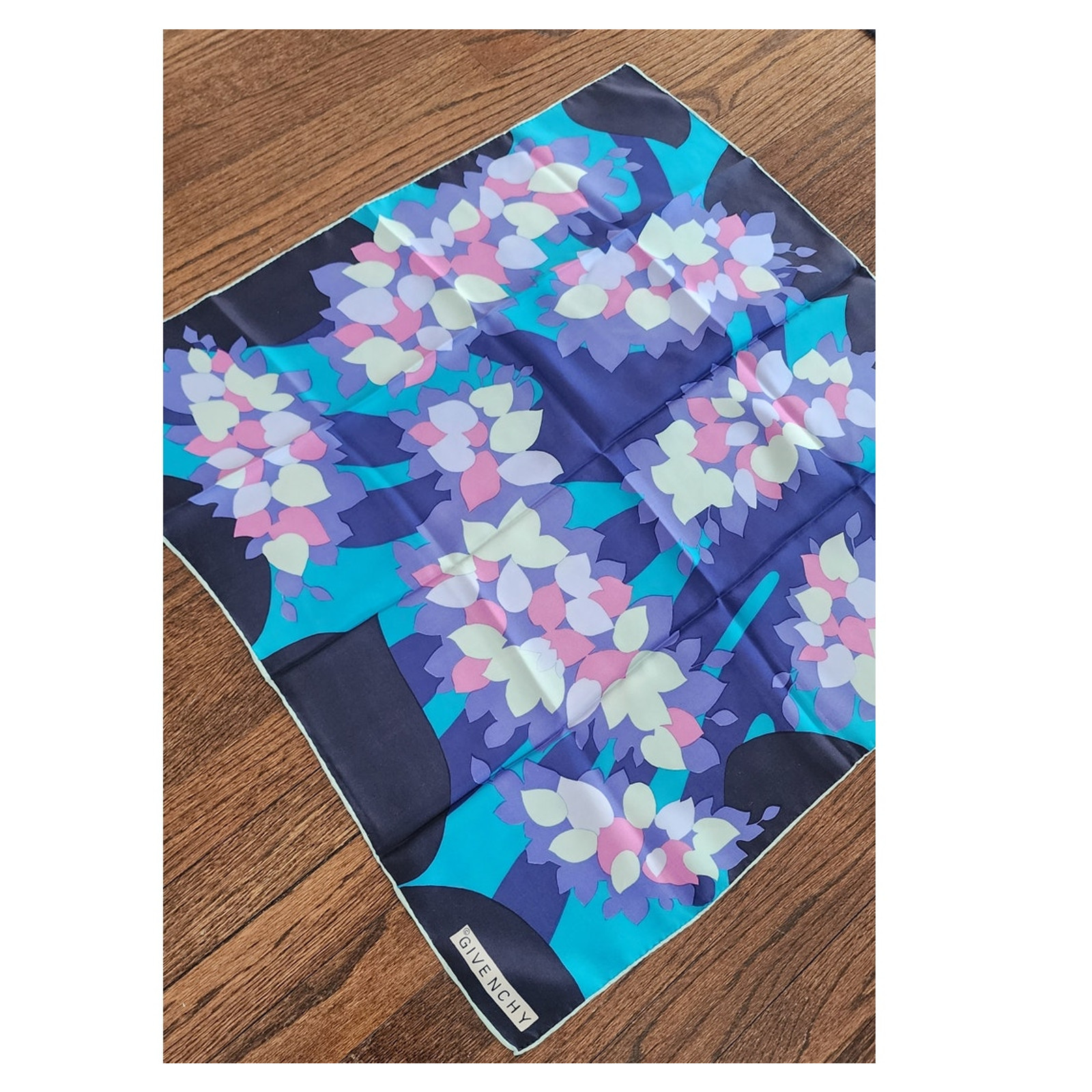 Vintage Givenchy 80s Silk Square Scarf Blue Purple Pink Floral Designer Scarf