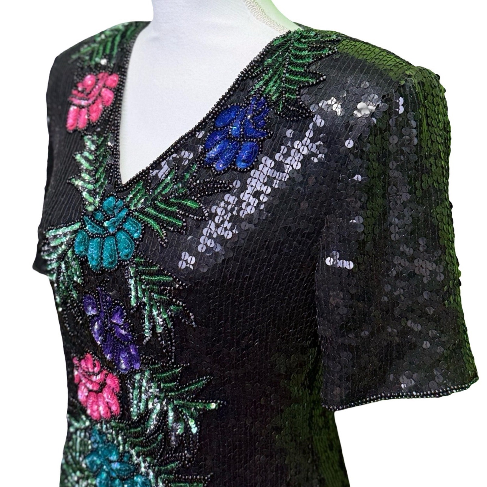 Vintage Stenay Large 100% Silk Beaded Sequin Floral Evening Top Black India