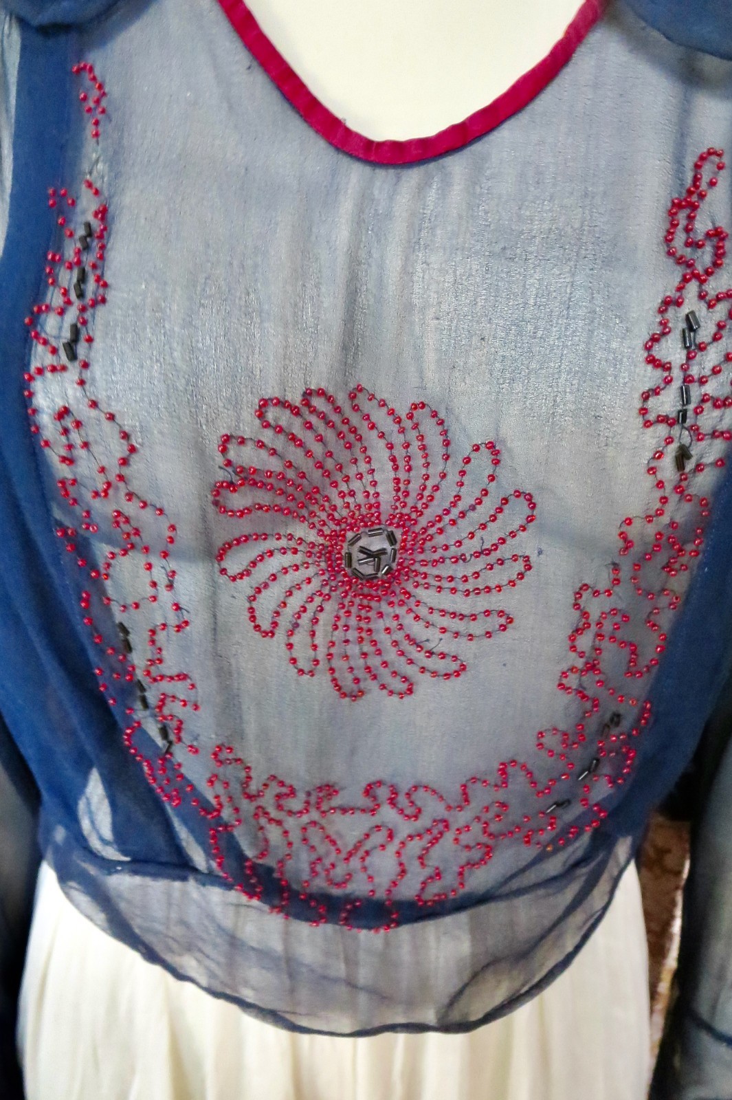 1920s Blue Sheer Crepe Silk Cranberry Red Beaded Flapper Blouse AS IS