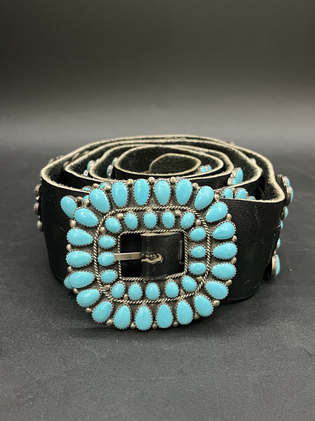 Vintage Sterling Silver and Turquoise Concho Black Leather Belt Buckle Hallmark