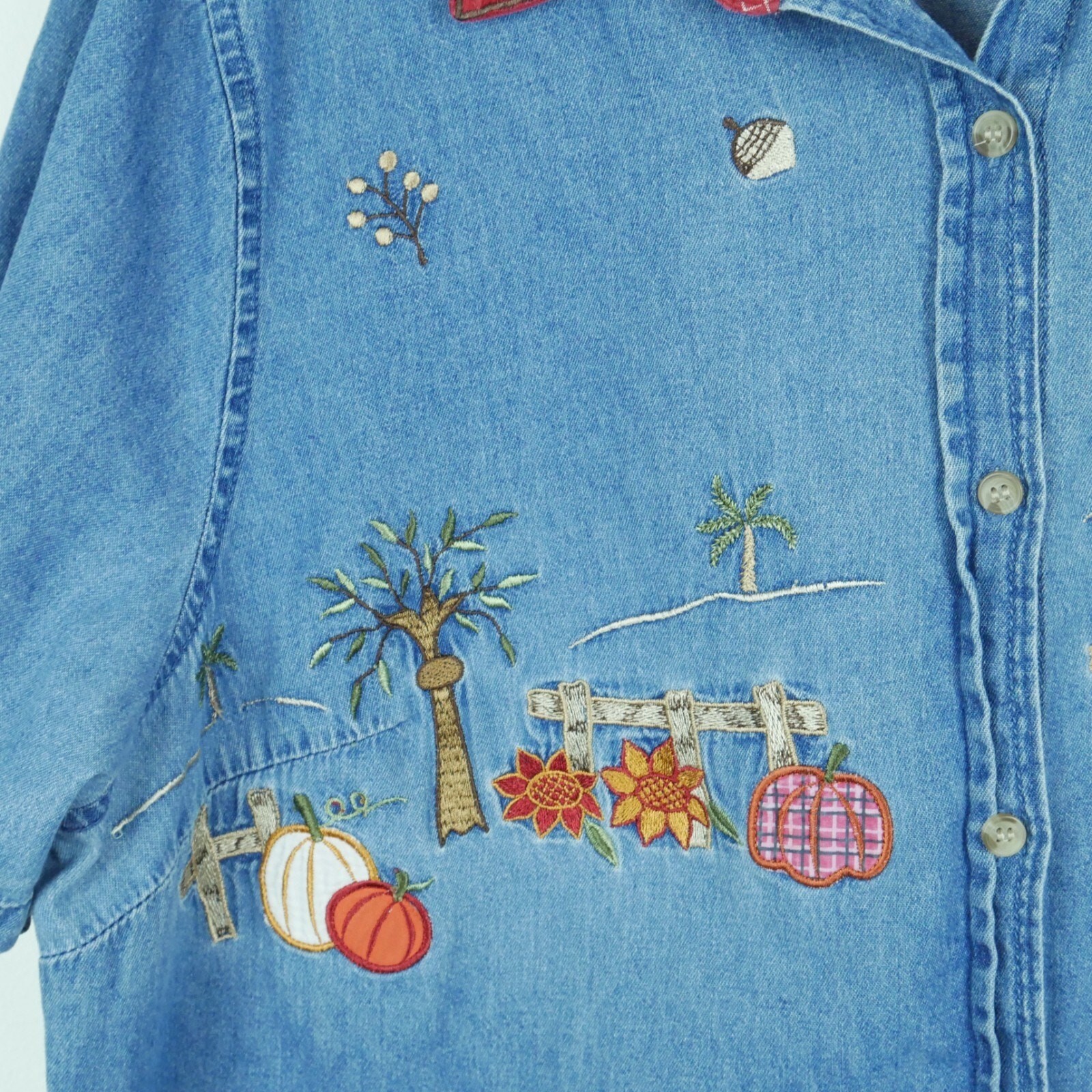 Vintage 18 W Top Chambray Embroidered Fall Pumpkins Grannycore Cottagecore