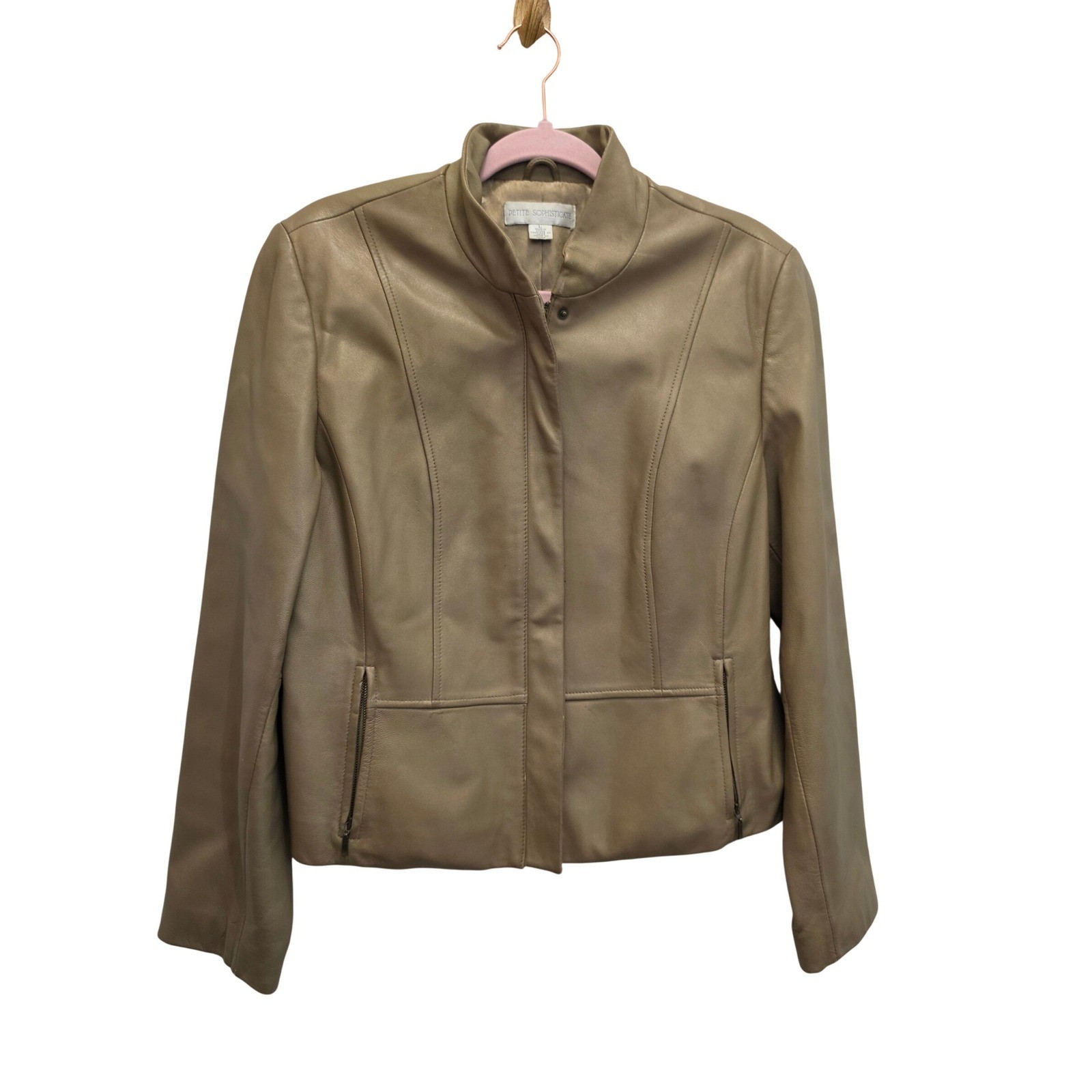 Vintage Genuine Leather Moto Jacket Womens L Taupe Stand Collar