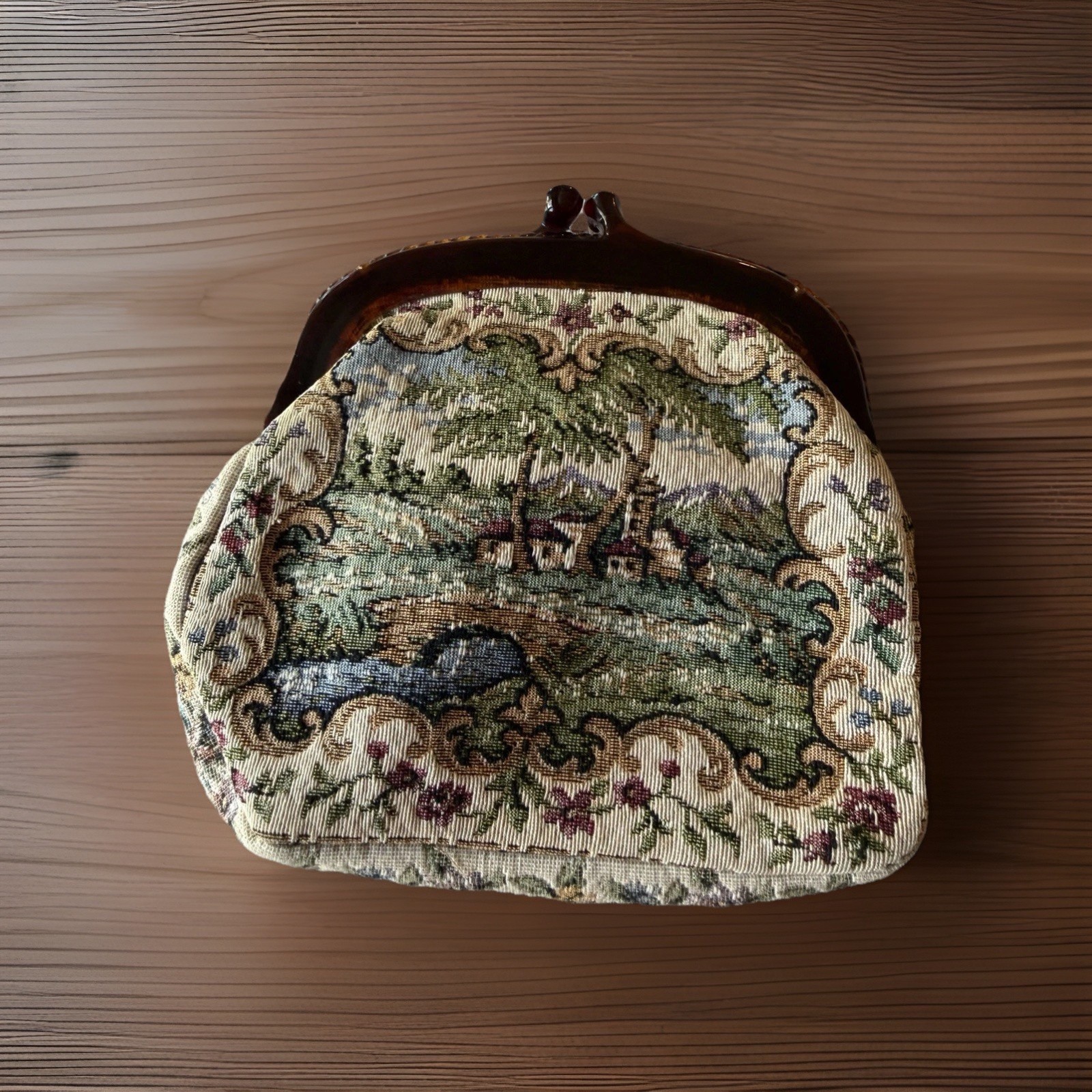 Vintage West Germany Tapestry Clutch Bag 1950’s Kiss Lock Gobelin Handbag