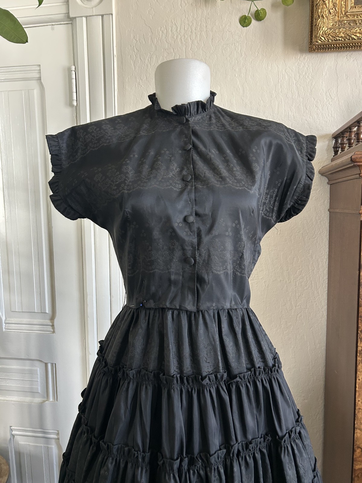Vtg 40s 1950s Black High Neck Party Tea Party Dress Gothic Ruffle Full Skirt 27W