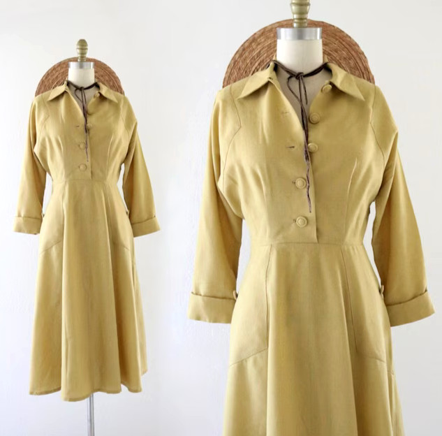 Vintage 1940s Marigold Wool Art Deco Dress Midi Day Sportswear by Botany – 4