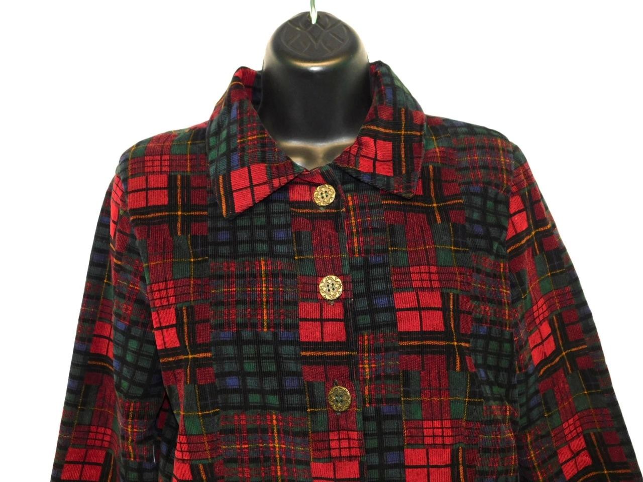 Vintage XS S Red Tartan Plaid Cordurouy Cropped Blazer Shirt Jacket Button Front