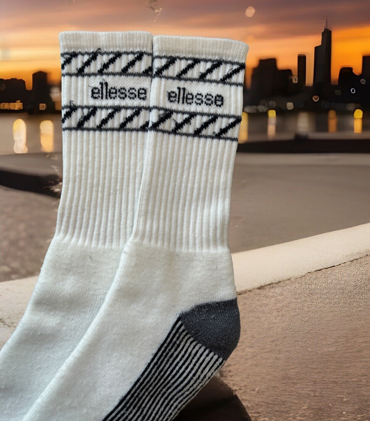 VTG ELLESSE Sport 80’s Crew Socks White Black 10-13 Tennis Orlon Acrylic.