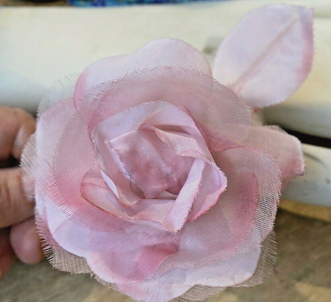 vintage silk 1950s organza 3″ pink rose leaves 1pc made in Czechoslovakia