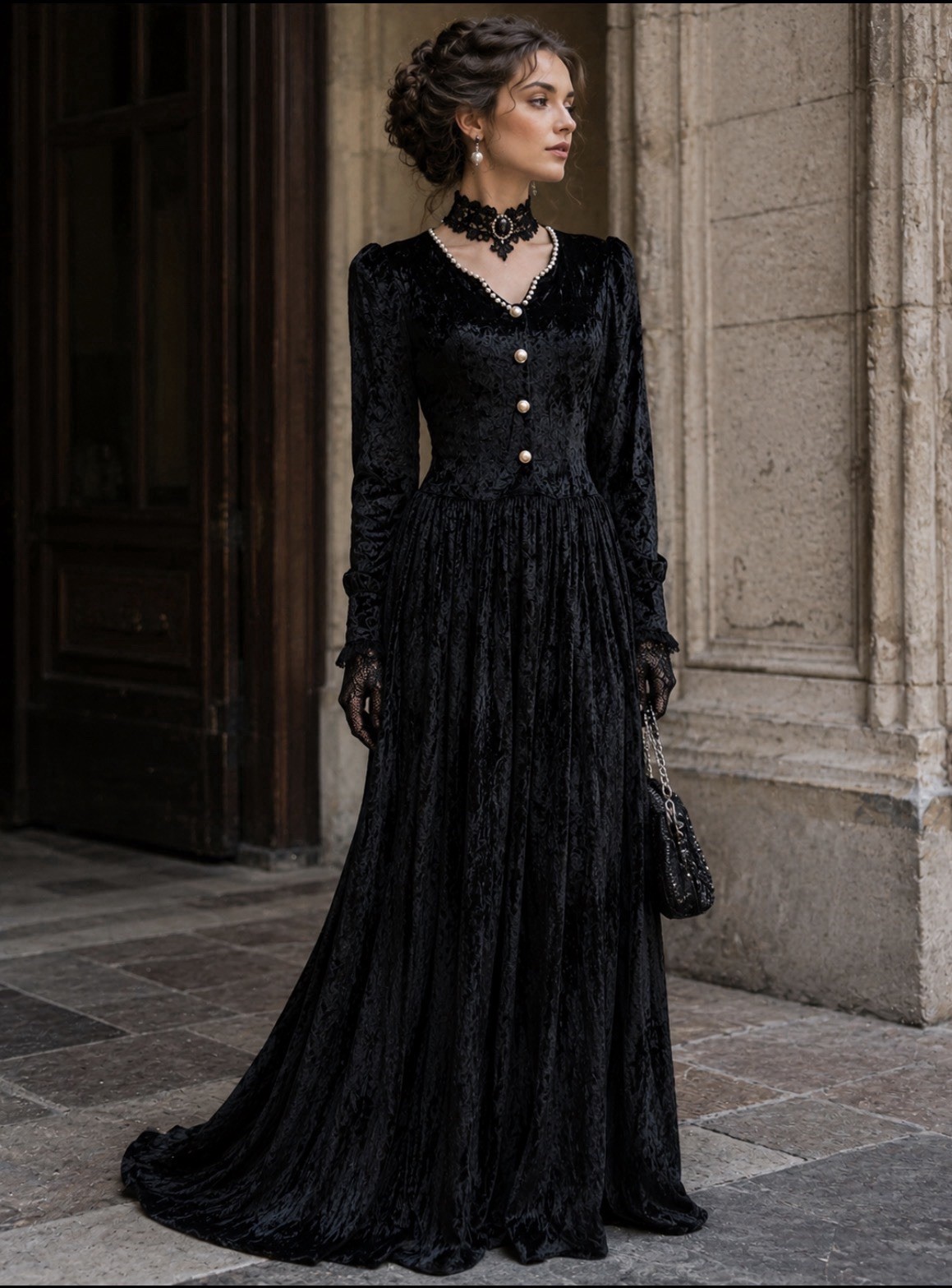 Vintage Glam Victorian Velvet Velour Coin Button Floral Dress Gothic Romance L