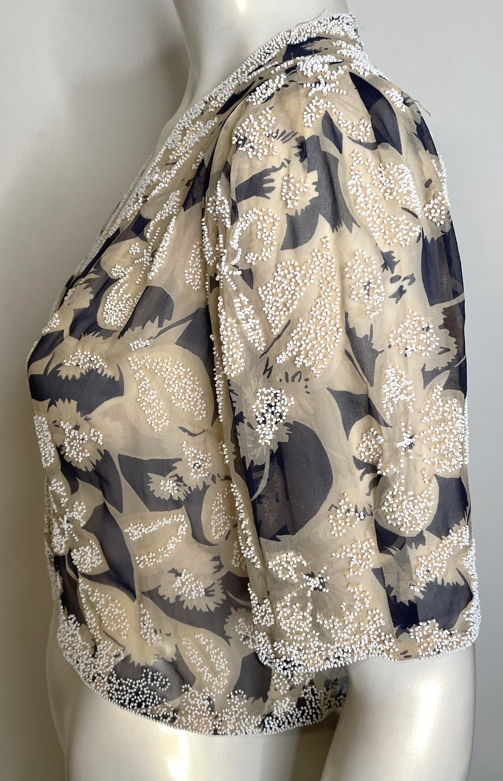 Antique 20s 30s Beige Navy White Beaded Floral Sheer Jacket S M Overlay Evening