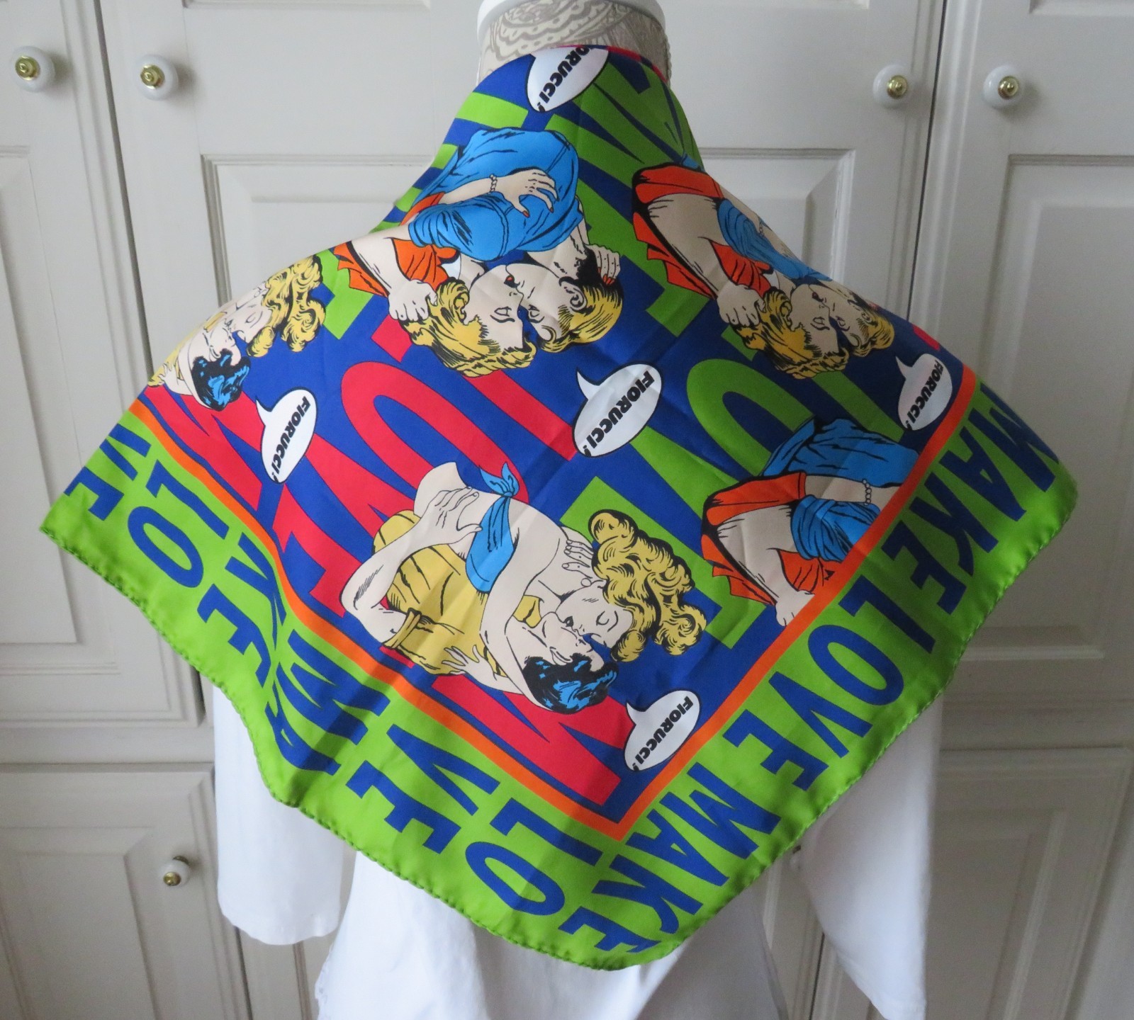 1980s Large Square Mod Scarf by FIORUCCI – MAKE LOVE Pop Art Designer Scarf Wrap