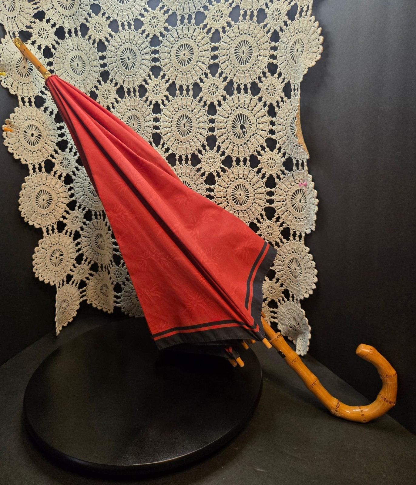 Vintage YSL Parasol Umbrella, Bamboo Wood Handle/Shaft, Metal Collar