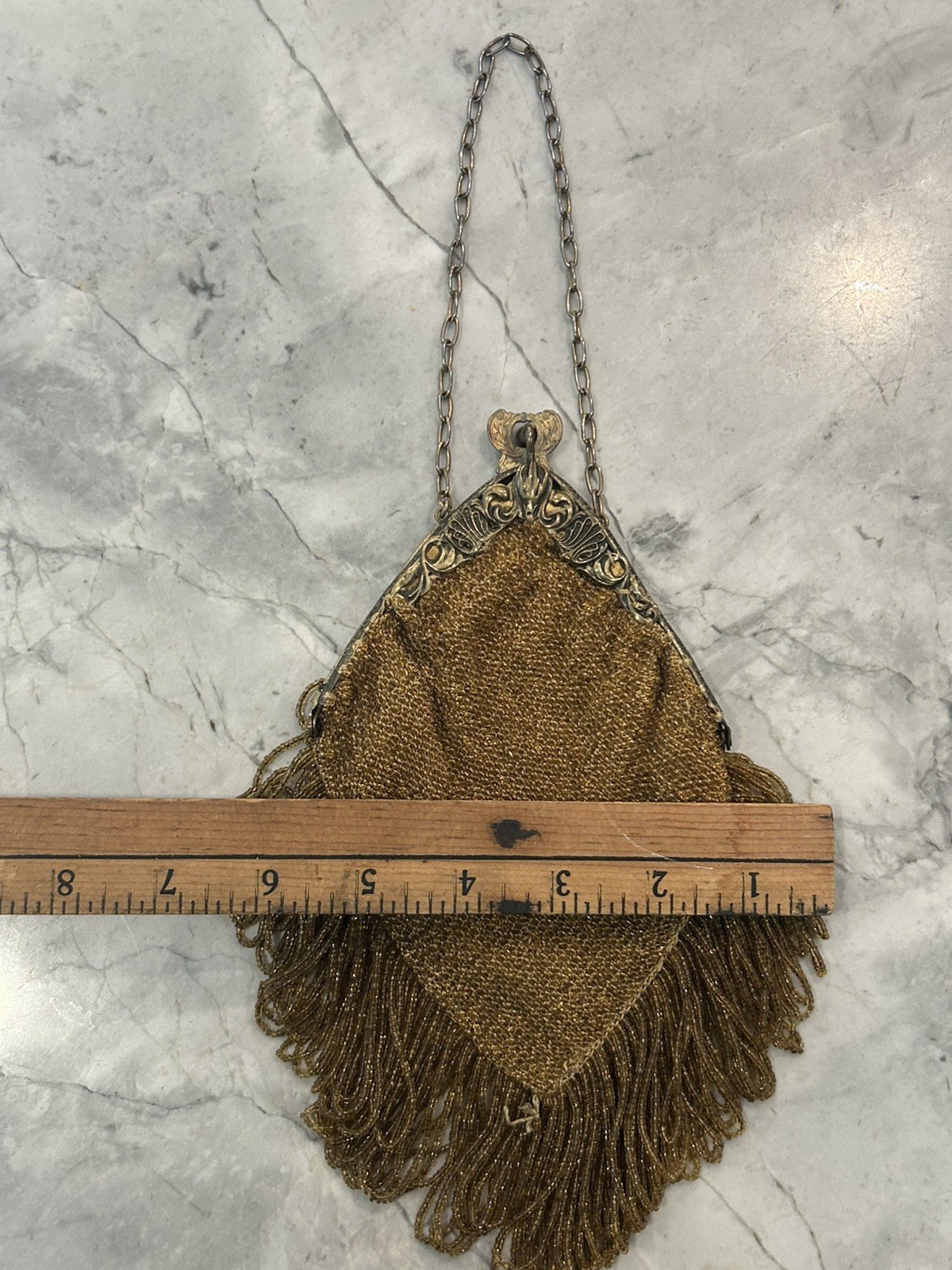 Antique Art Deco Gold Filigree Frame Amber Bead Fringe Silk Lined Flapper Purse