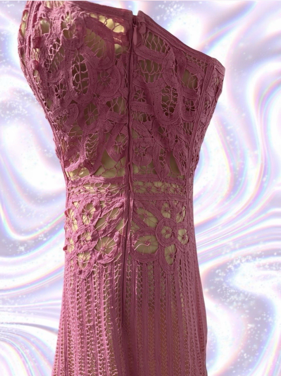 Betsey Johnson Vintage Pink Lace Midi Dress with Accents and Beading Size 4 EUC