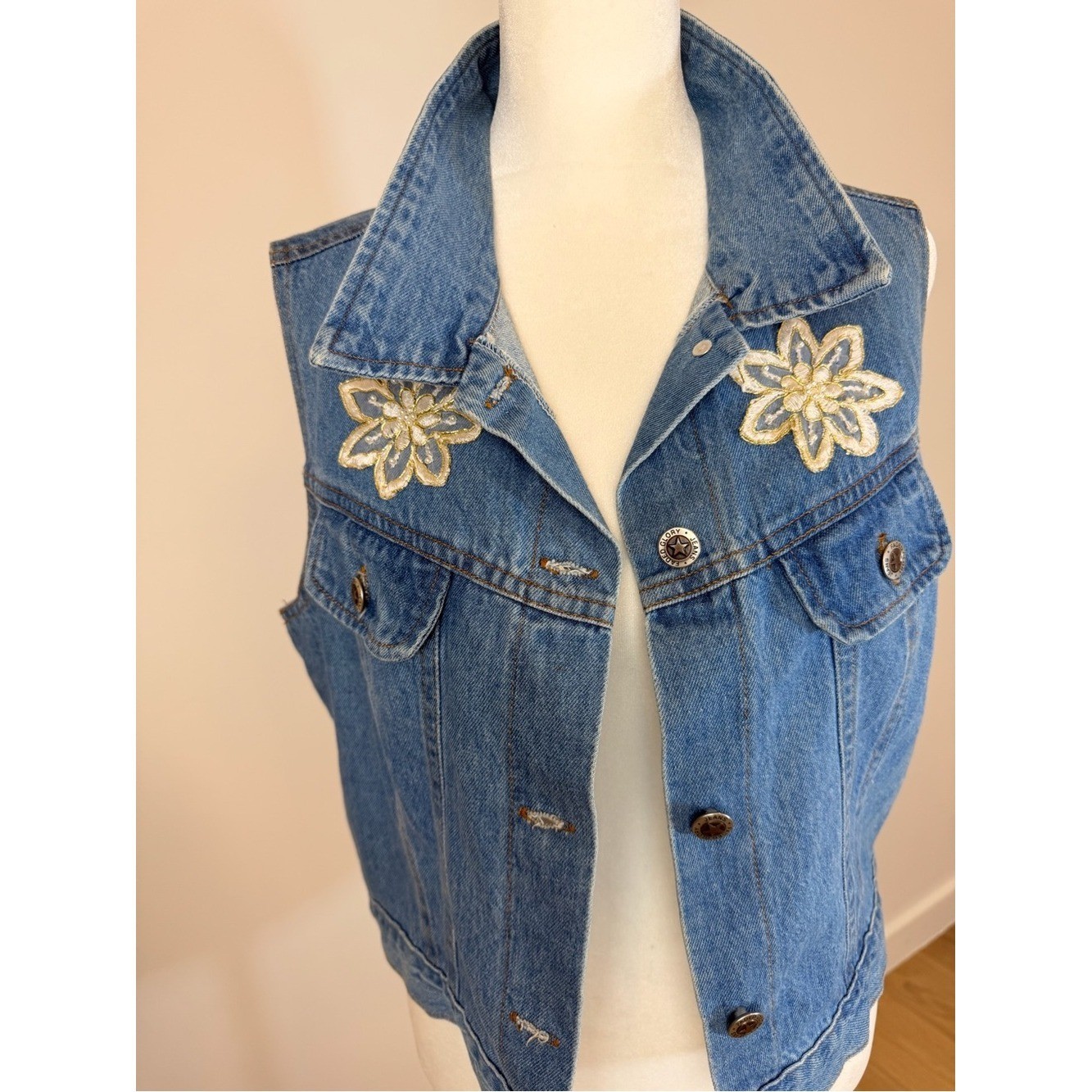 Vintage Faded Glory Denim Vest with Lace Detailing