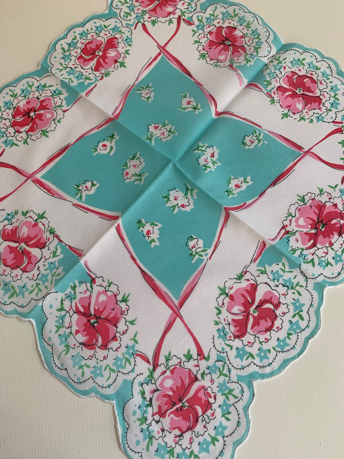 Beautiful New LuRay Handkerchief Hankie! Stunning Aqua & Red Pansy Bouquets !