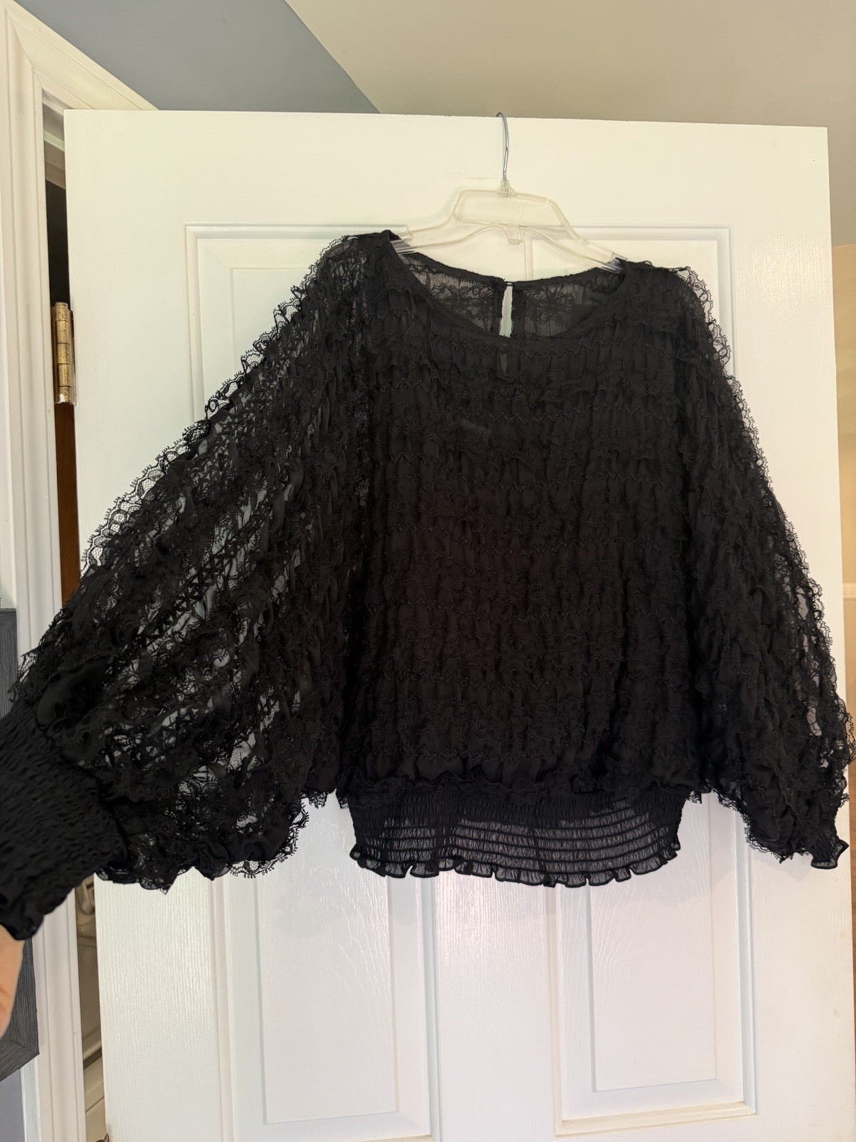 Vintage 1970s Black Ruffle Sheer Lace Blouse Goth Grunge Andree Gaye Made In USA