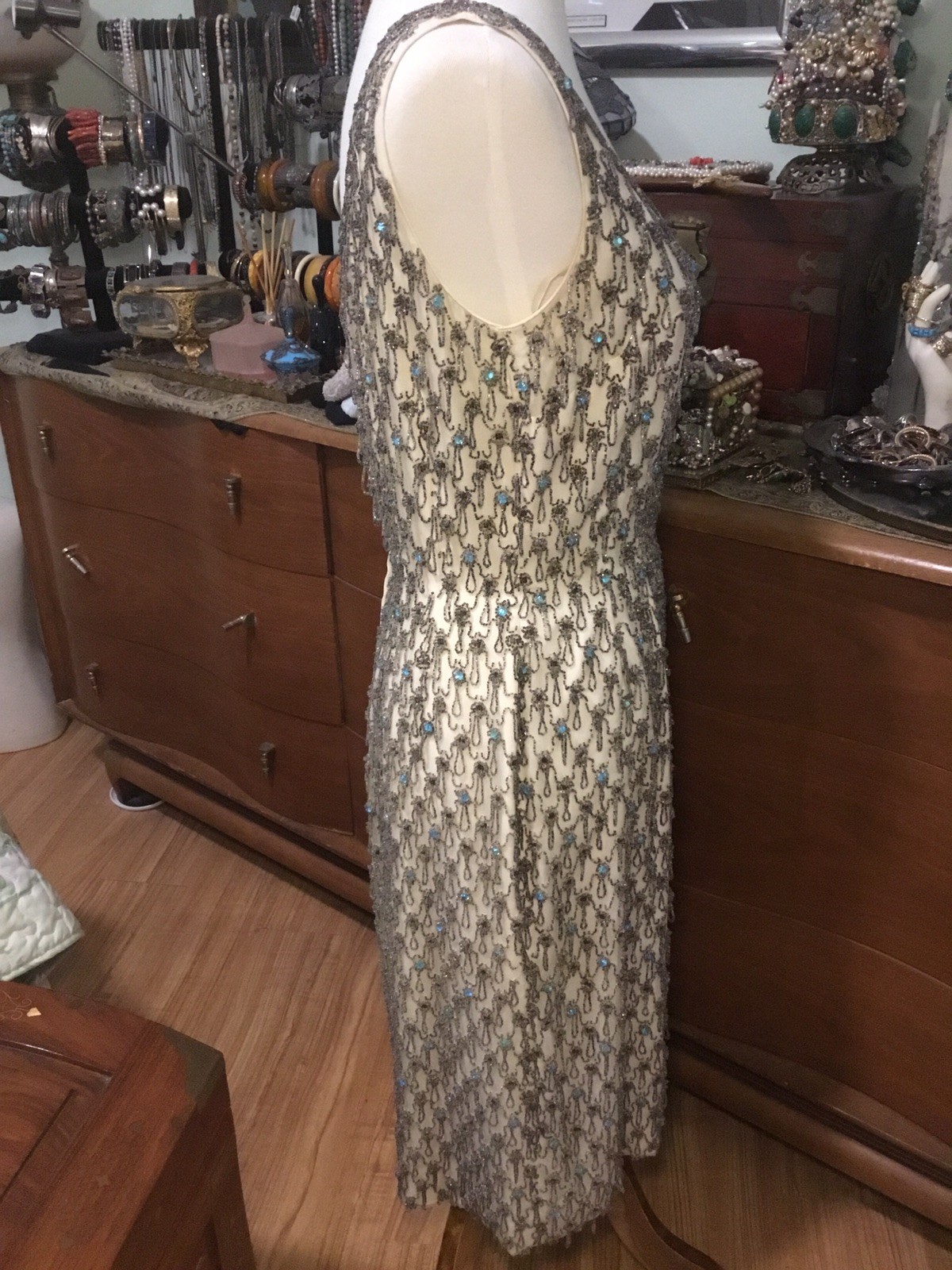 1960’s Vintage British Crown Colony Beaded Rhinestone Hong Kong Dress Small READ