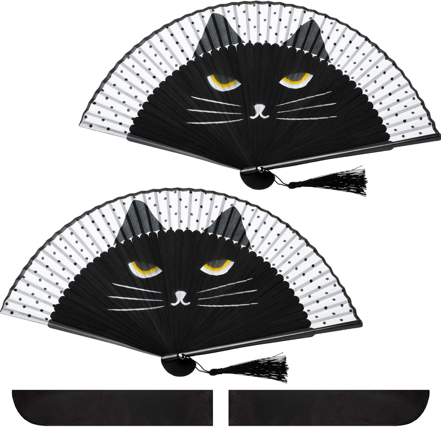 2 Pieces Cartoon Cat Hand Fans Folding Hand Held Fan Women Black Cat Silk Foldab
