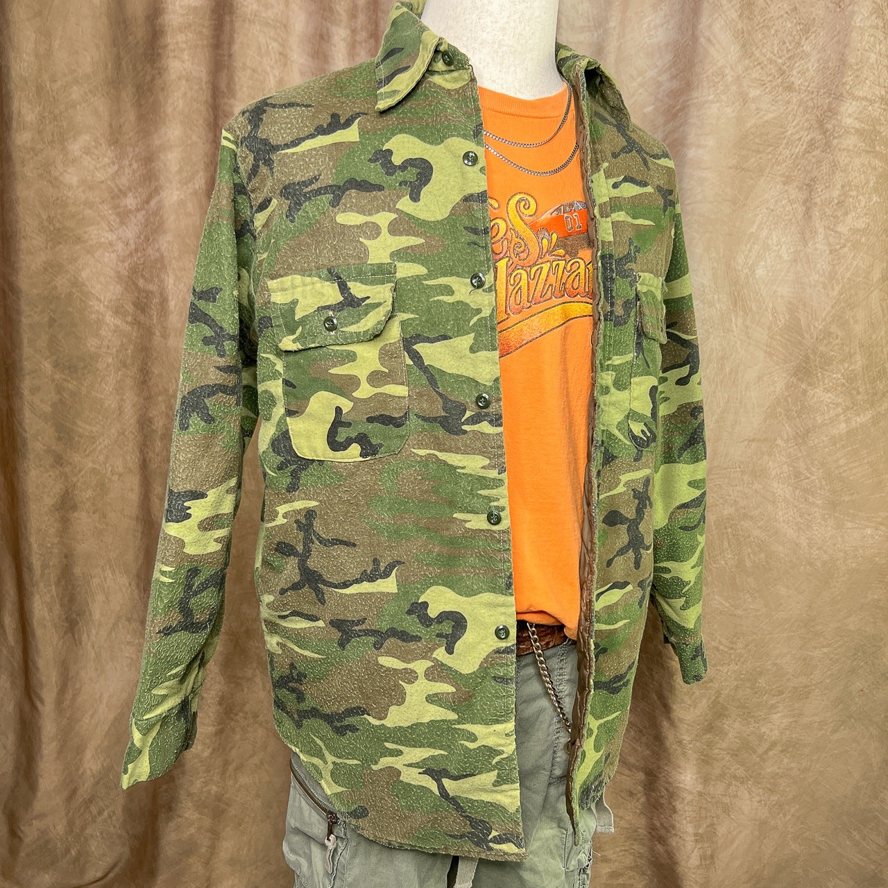 Vintage 70s Camo Jacket Long Sleeve Button Up Camouflage Hunting Outdoor Green