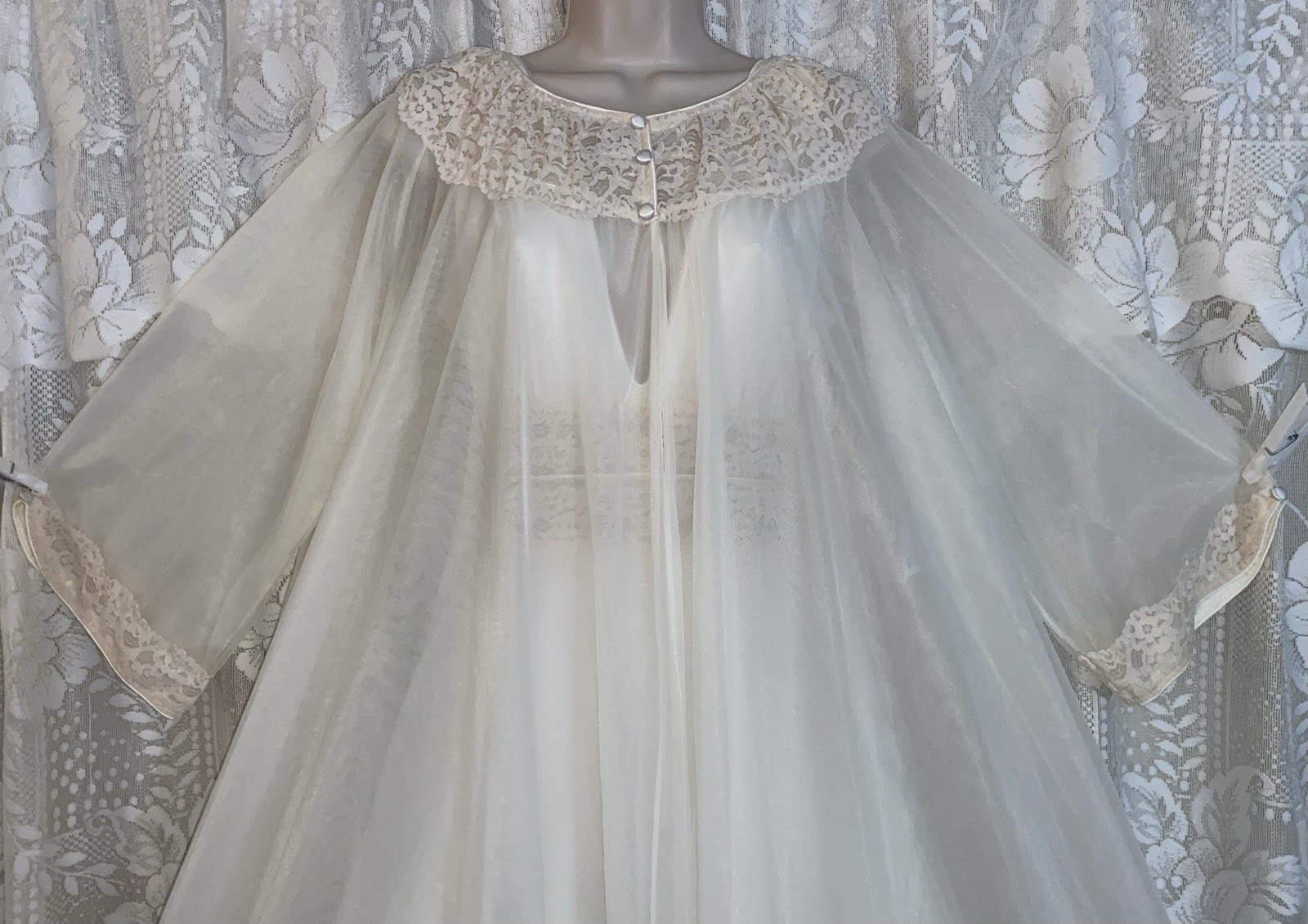 VTG M L INTIME Bridal Ivory Db Sheer Chiffon Peignoir Robe Nightgown Gown Set