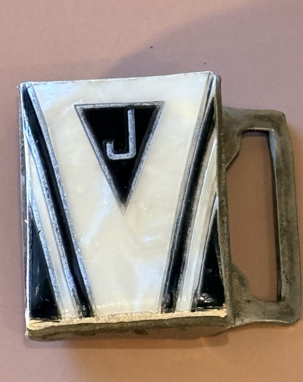 Art Deco Vacogrip Silverplate Belt Buckle Mother of Pearl Enamel Initial “J”