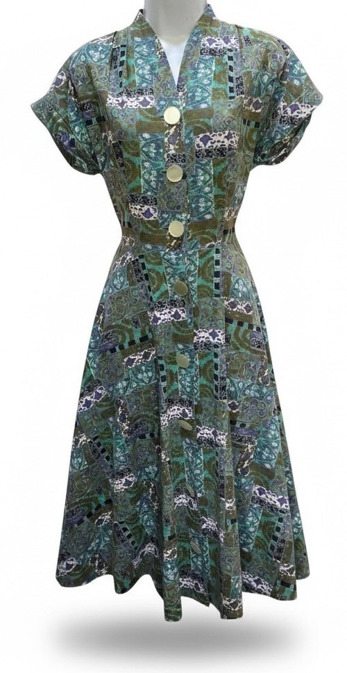 Vtg 50s Penny’s Brentwood Mod Novelty Print Day Dress S Cotton Rockabilly A-Line