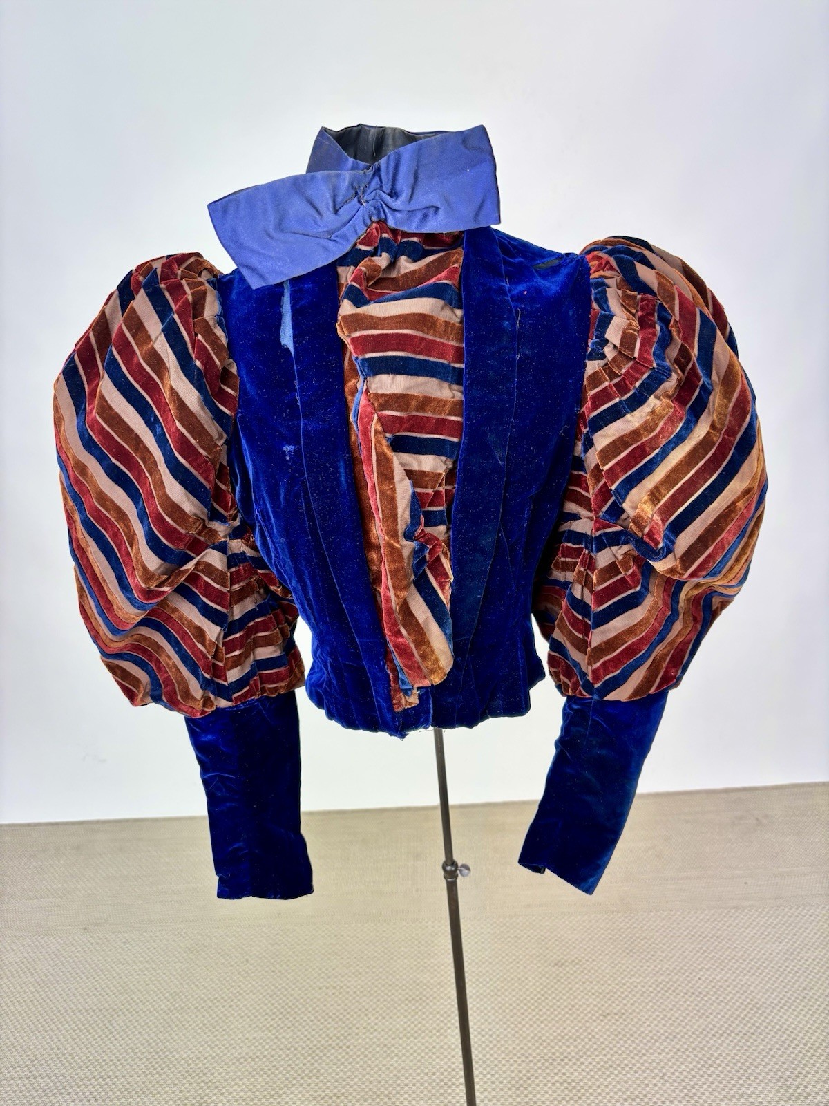 Antique Victorian Royal Blue Velvet Brown Stripes Jacket Leg of Mutton Sleeve