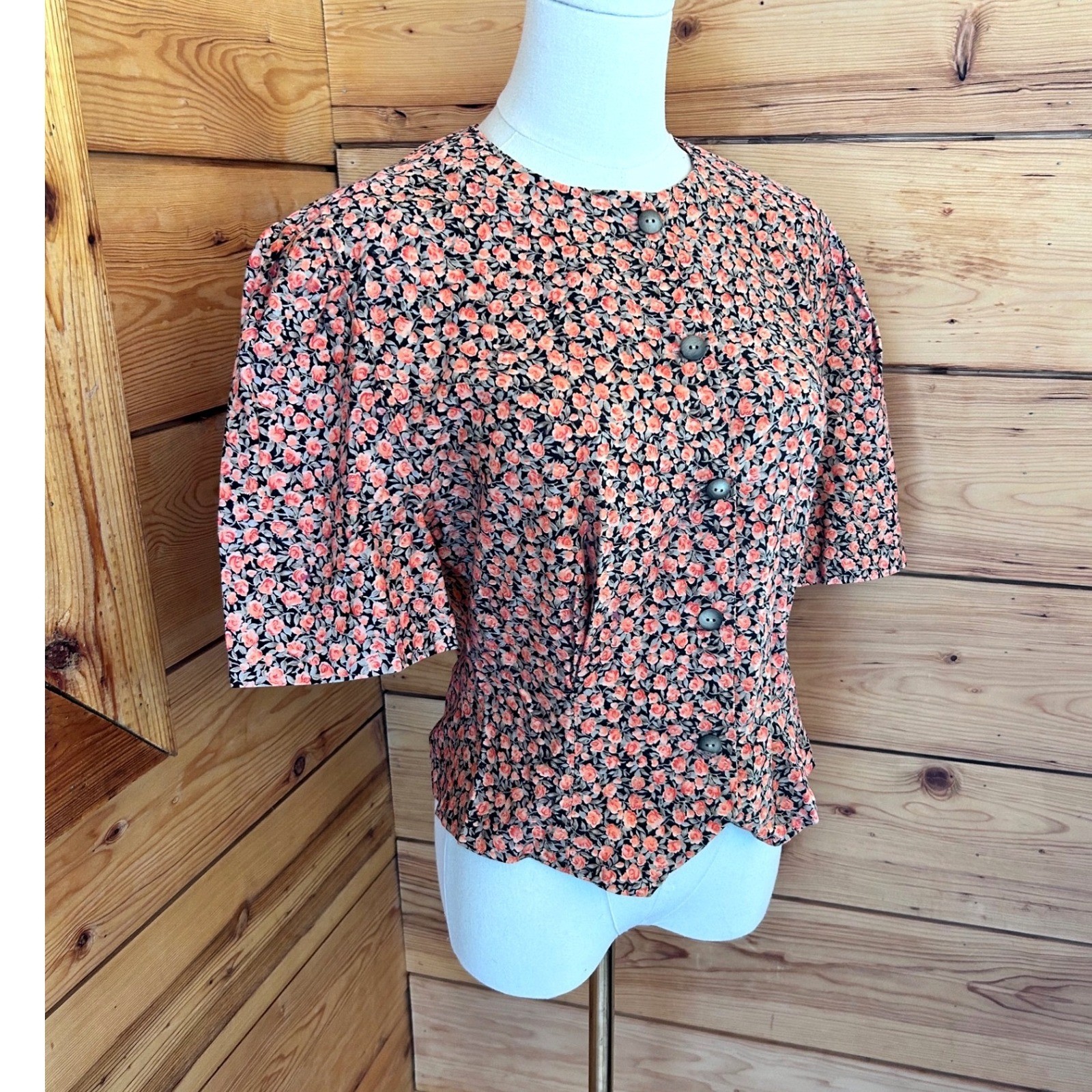 Vintage Floral Puff Sleeve Peplum Blouse Women Medium Orange Calico 80s does 40s