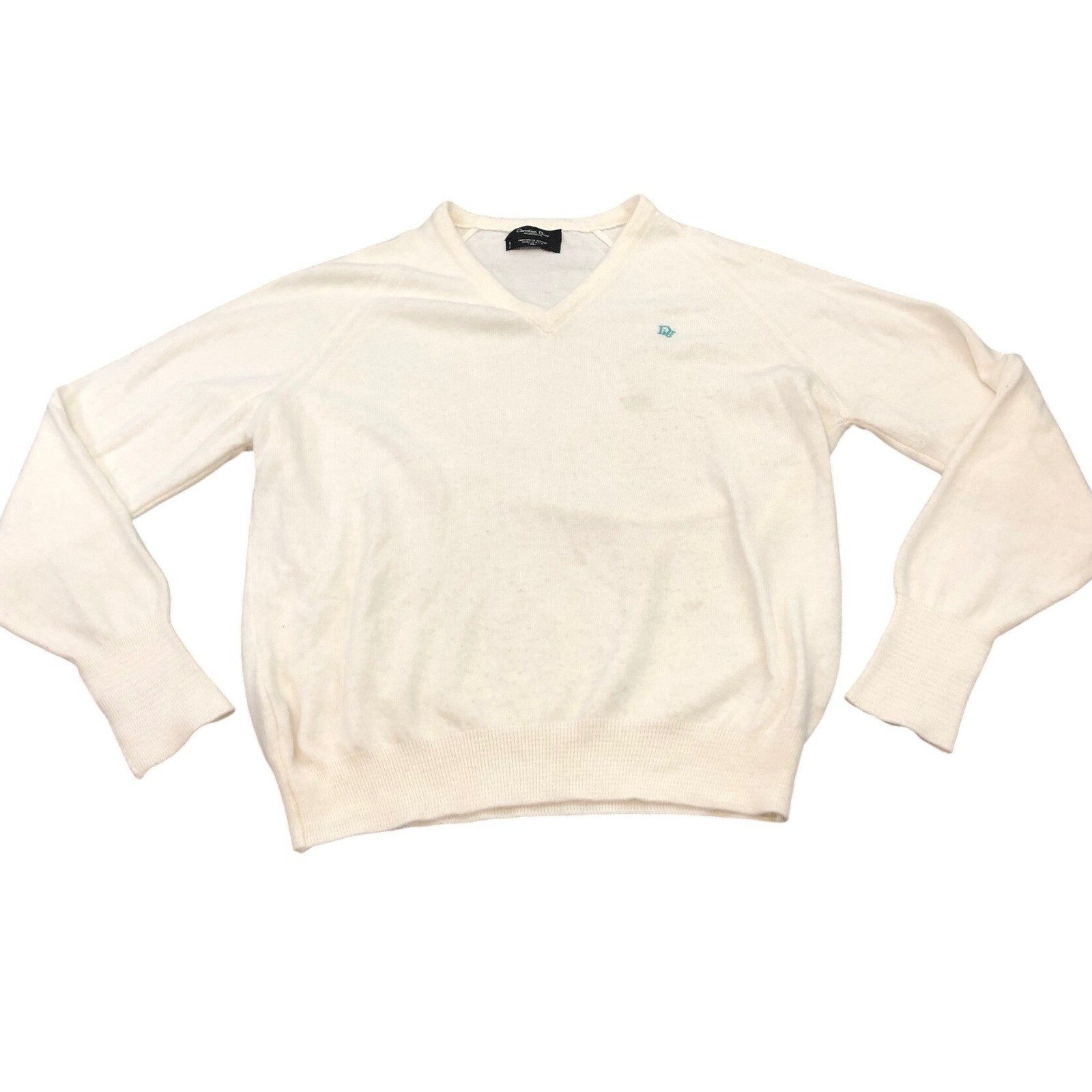 Christian Dior V-Neck Sweater Mens XL White Vintage Orlon Acrylic Monsieur Logo