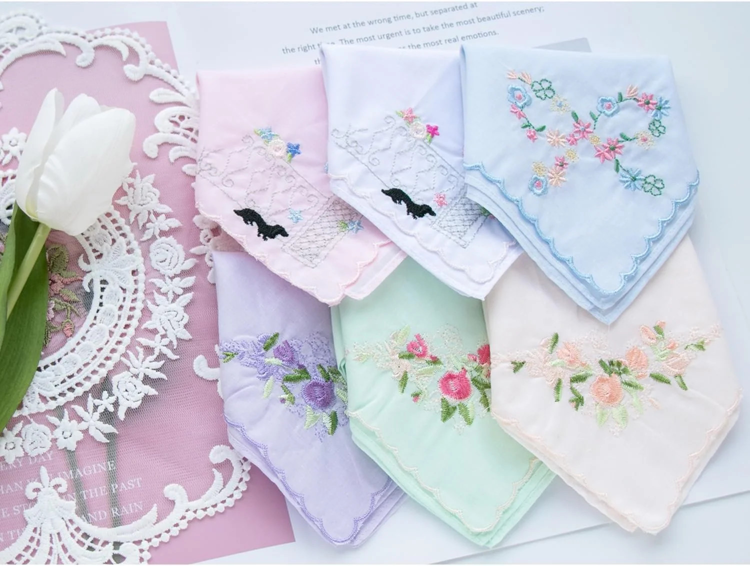 Assorted Ladies Novetly Embroidered Cotton Soft Handkerchiefs Scalloped Hankies