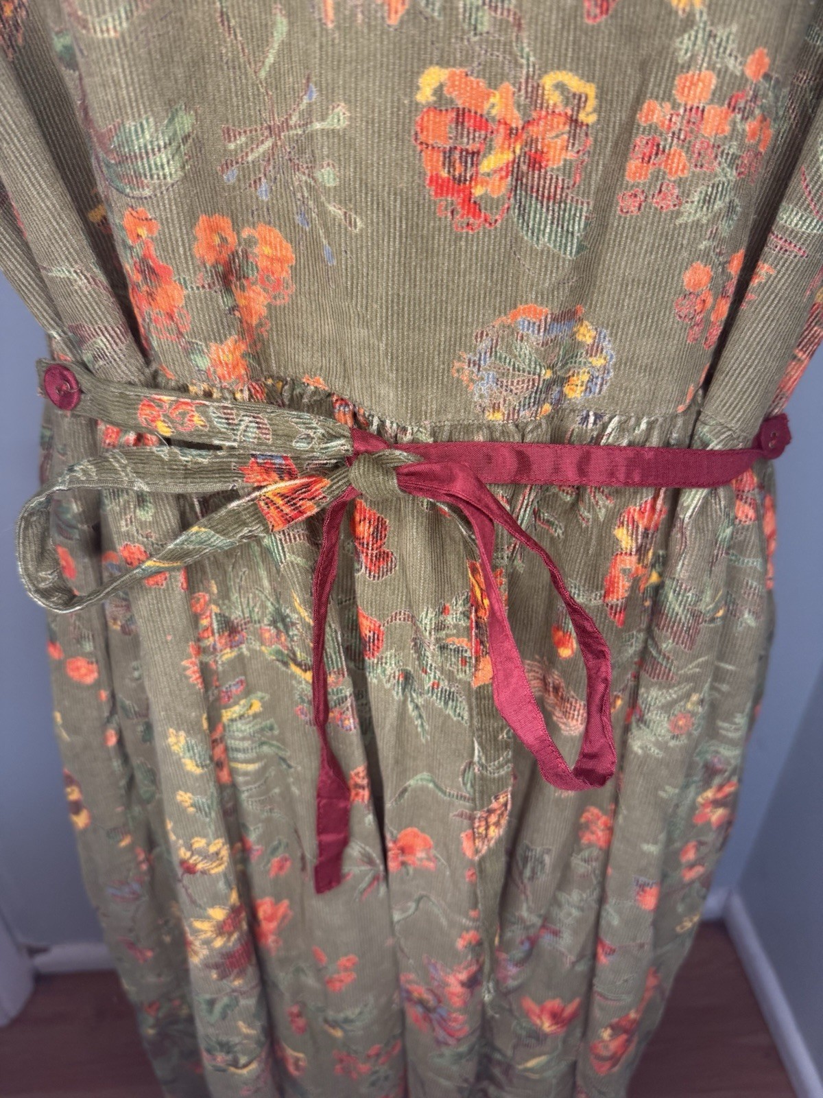 April Cornell Vintage Green Corduroy Dress XXL Sleeveless Button Front Pockets