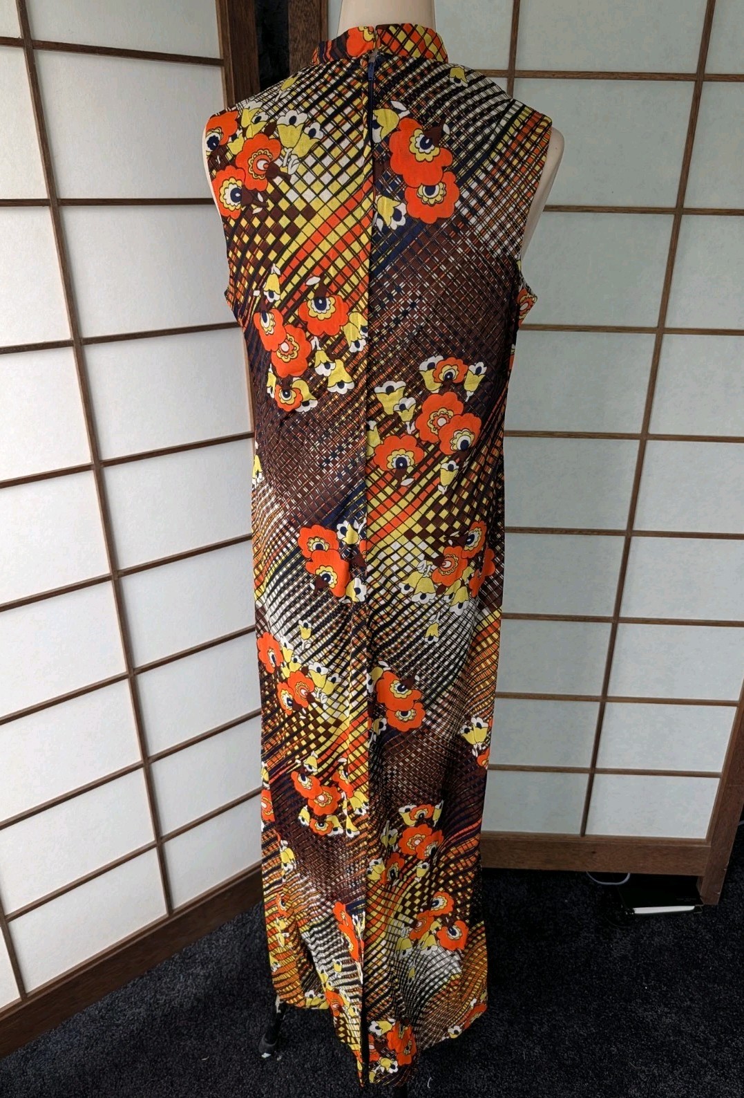 Vintage 1960s Mandarin Collar Maxi Dress Bright Psychedelic Day Glo Hippie S/M