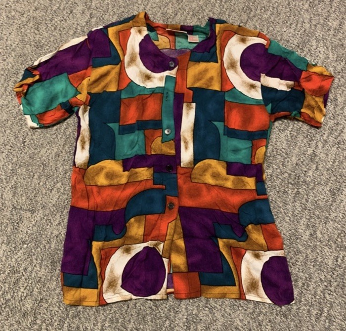 Pennylane Vintage 1990s Multicolor Abstract 100% Rayon Button-Front Shirt S