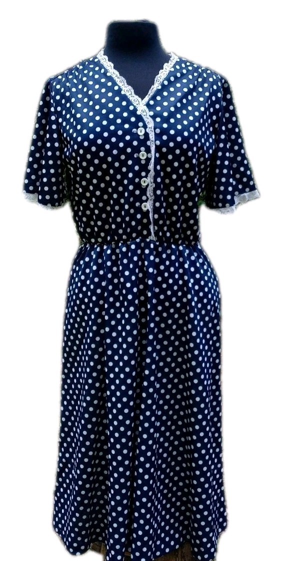 Vintage MW 60s Women’s Sz16 Navy Blue Polkadot Midi Dress PinUp/Rockabilly Retro
