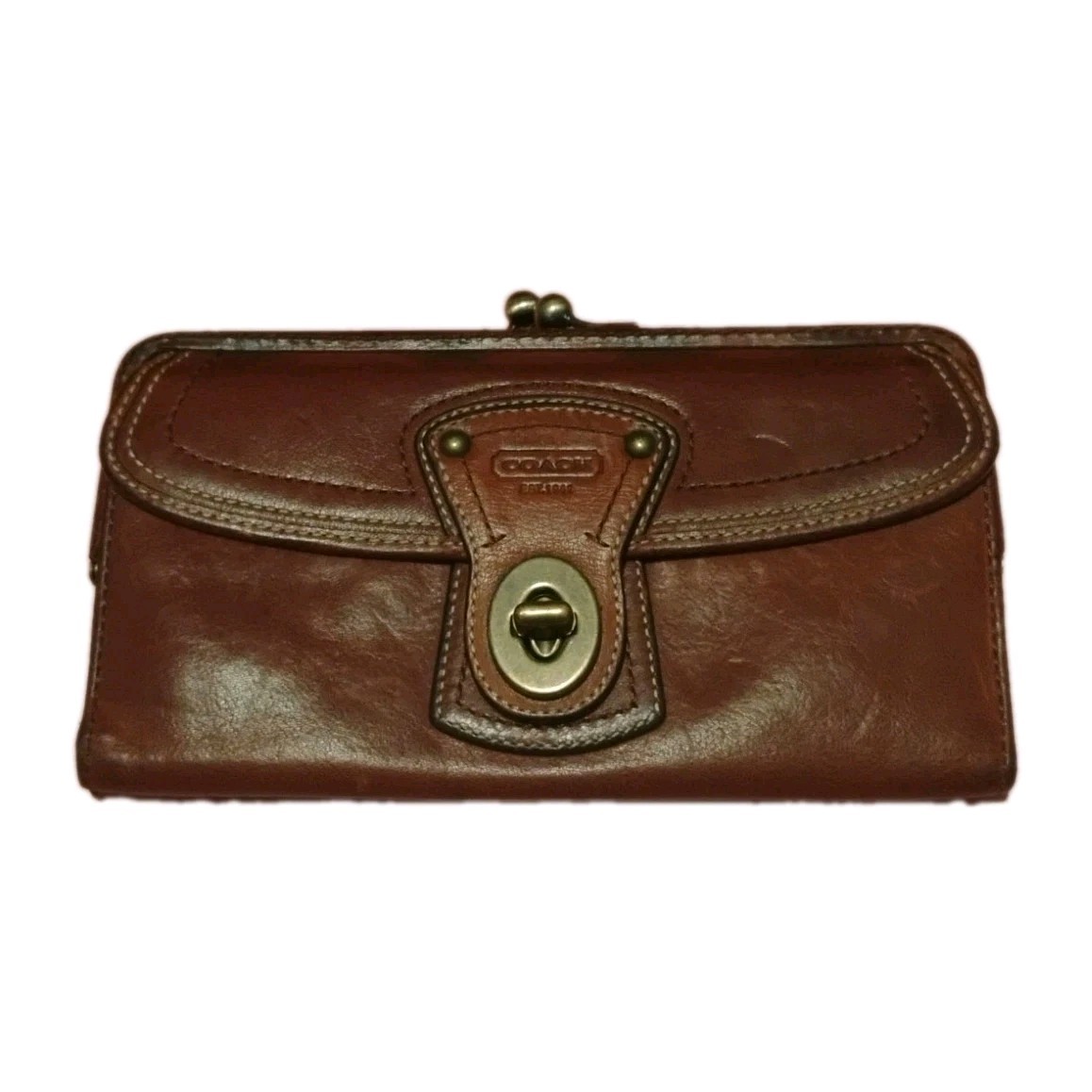 Coach Legacy Stripe Whiskey Leather Turn lock Kiss lock Wallet