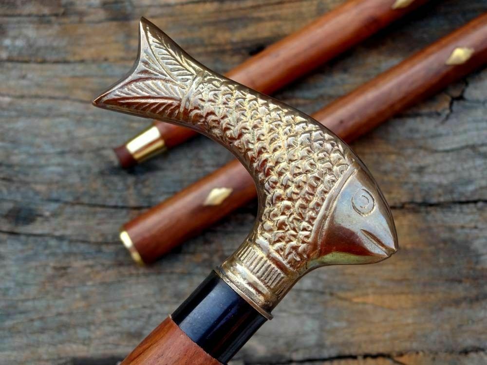 Antique Walking Stick Fish Head Designer Brass Handle Wood Cane Vintage Deco New