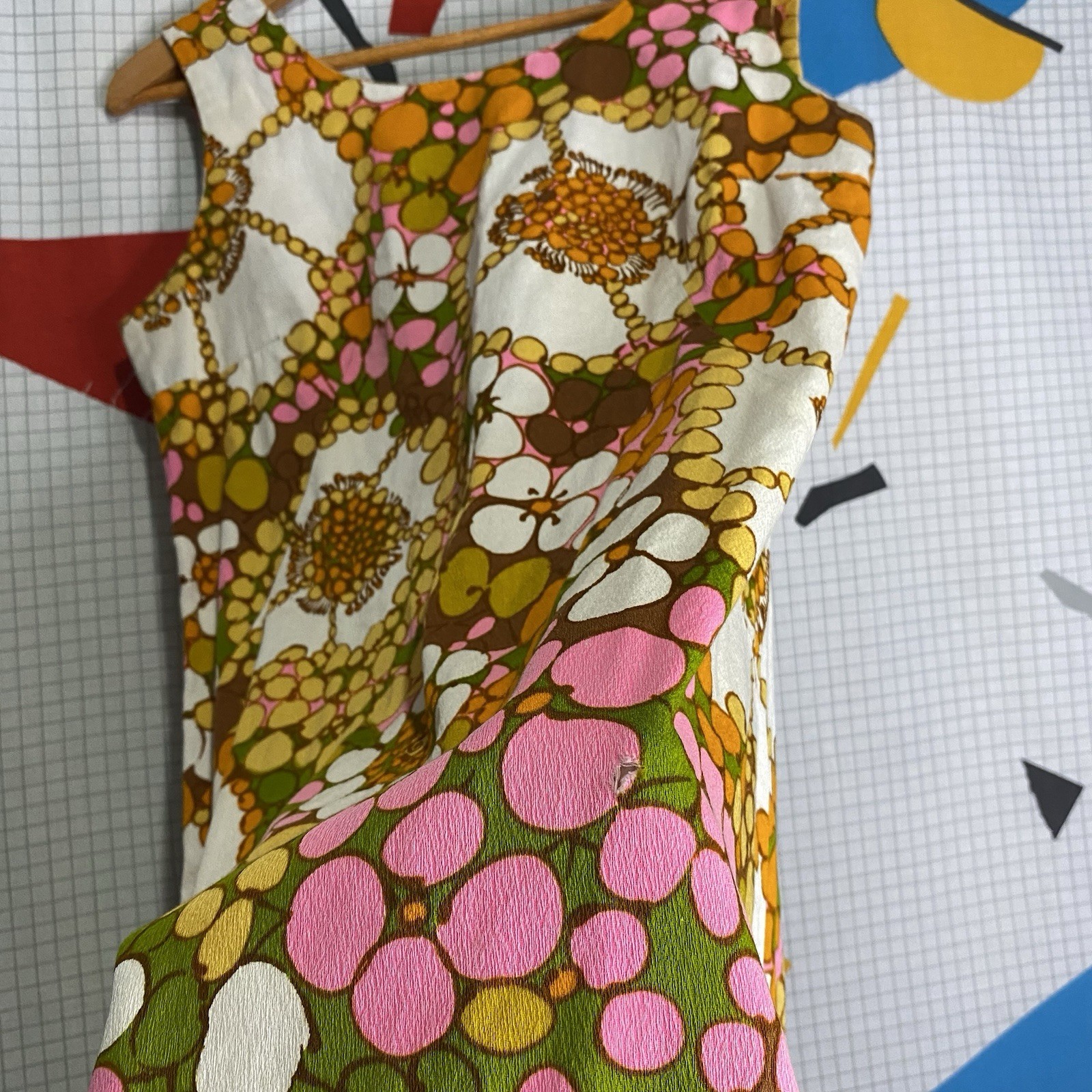 Vintage 60s Mod Mini Dress Gogo Floral Medium Hawaiian Cotton Bark Cloth Hippie